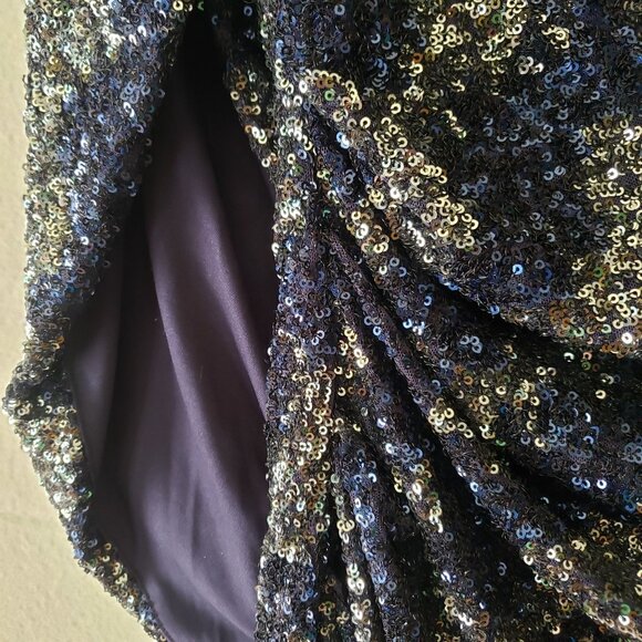 R & M Richards NYC Womens 6 Drape Back Blue / Silver V Back Sequin Dress NWT - Picture 3 of 14